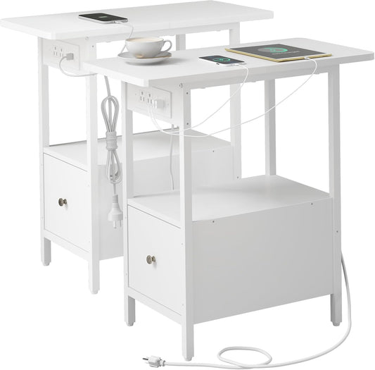 LIDYUK End Table with Charging Station, Narrow Side Table with Drawer and USB Ports & Power Outlets, Nightstand Bedside Tables for Small Spaces, Bedroom, Living Room, White, Set of 2