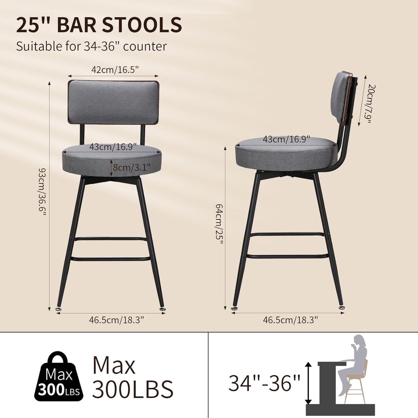Counter Height Bar Stools, 25" Swivel Bar Stools Set of 2, Round Swivel Bar Chair, Fabric Upholstered Barstools with Metal Leg, Stool for Kitchen Counter Island, Dark Grey