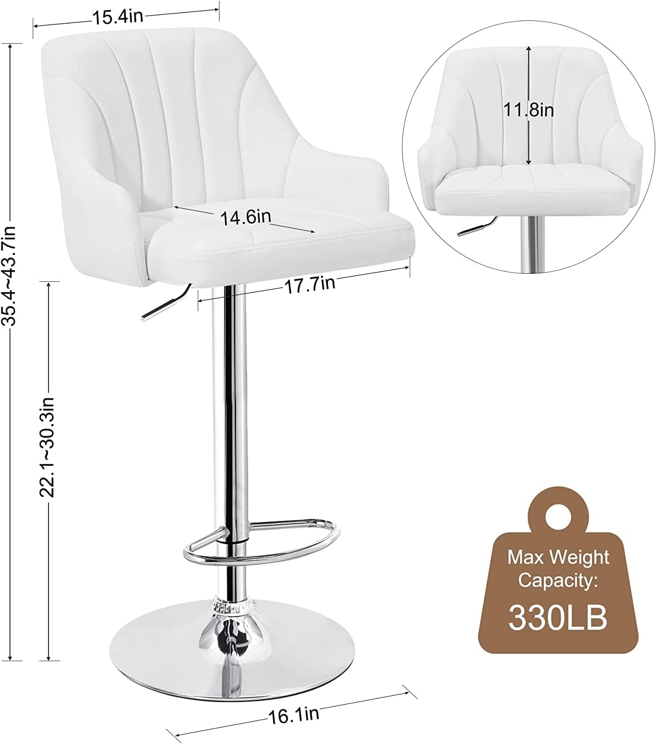 VECELO Bar Stools Set of 2, Adjustable Barstools, Counter Height Stools with Back and Arm, Kitchen Island Stools, Swivel PU Leather Stools, Modern Style, White