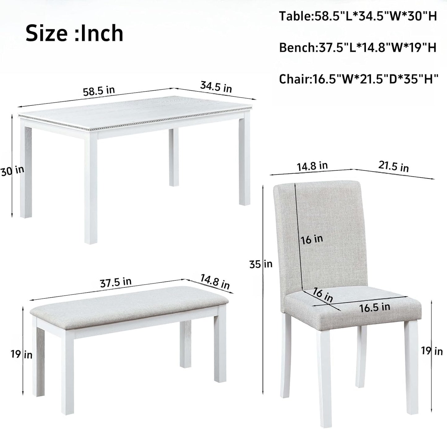 Dining Table Set, 6 Piece Counter Height Dinner Set with Rectangular Table, 4 Upholstered Chairs and Bench, Wooden Linen Dining Table and Chairs Set with Crystal Decoration, Beige