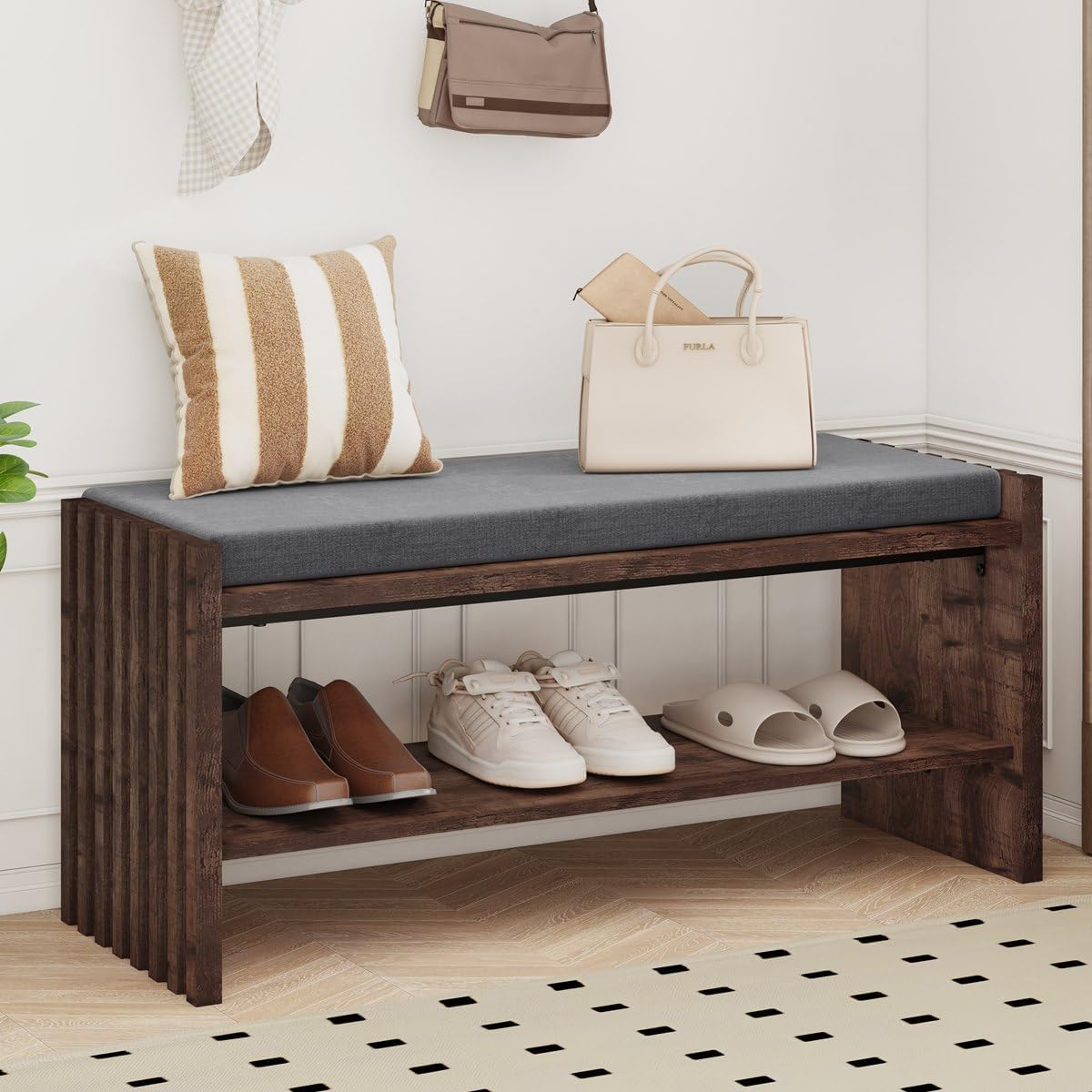 BON AUGURE Entryway Bench with Shoe Storage, 2-Tier Shoe Rack Bench with Cushion, Wood Benches for Bedroom, Living Room, Mudroom, Hall (Rustic Oak, 40 in Wide)