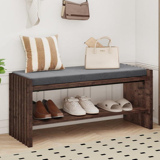 BON AUGURE Entryway Bench with Shoe Storage, 2-Tier Shoe Rack Bench with Cushion, Wood Benches for Bedroom, Living Room, Mudroom, Hall (Rustic Oak, 40 in Wide)