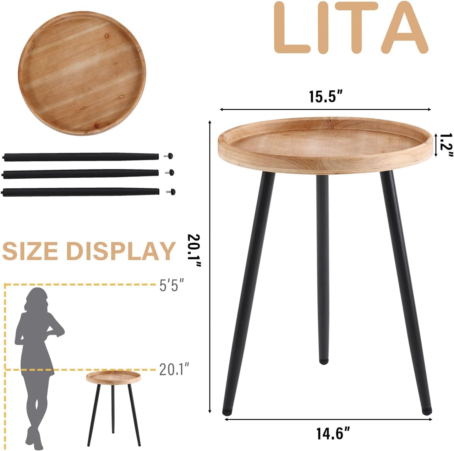 LITA Log Desktop Round Side End Table, Indoor Outdoor Wooden Tray Nightstand Table with Metal Stand for Living Room Bedroom Office Small Spaces (M)