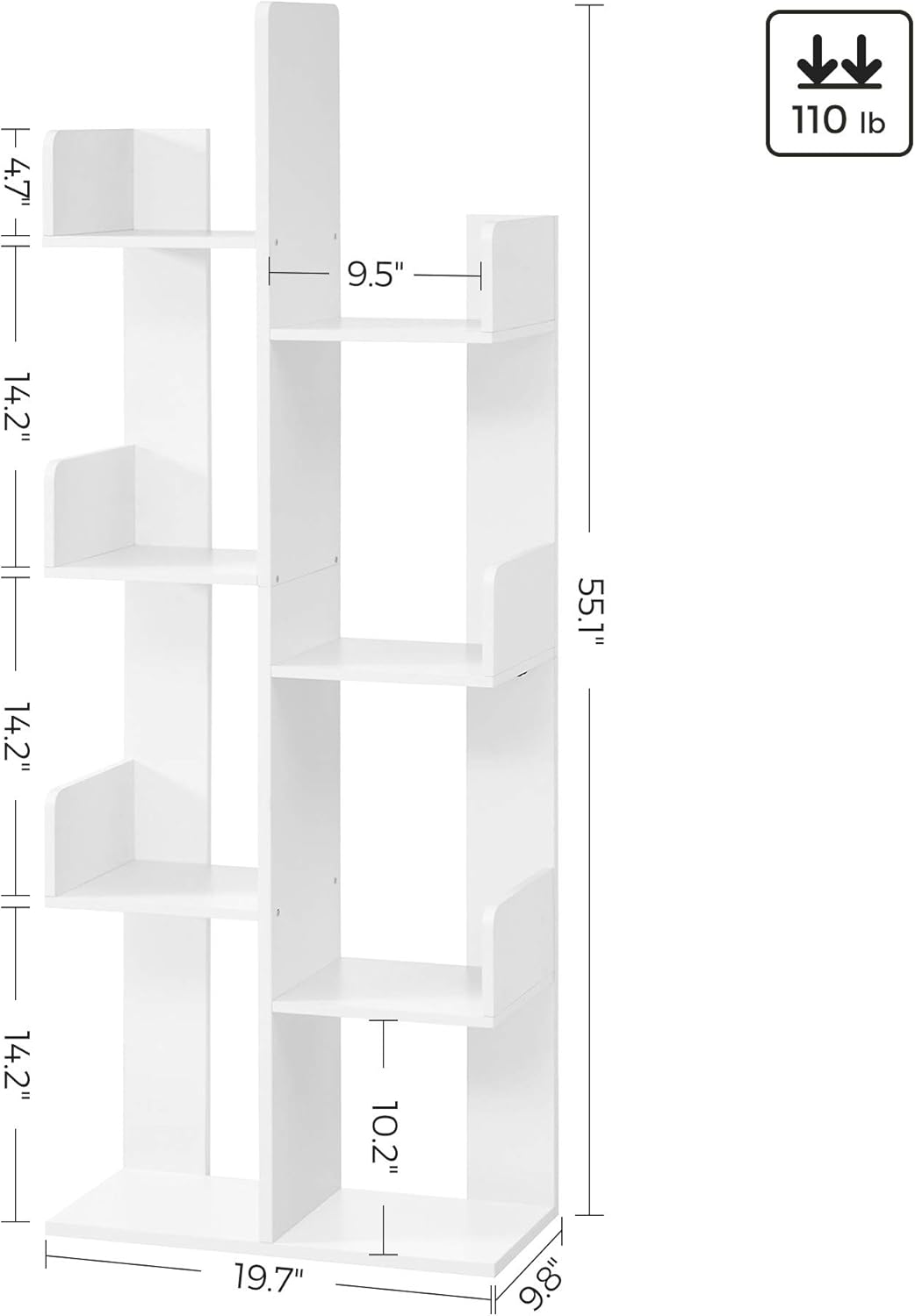 VASAGLE Bookcase, Tree-Shaped Bookshelf with 8 Storage Shelves, Rounded Corners, White 9.8D x 19.7W x 55.1H in, Engineered Wood