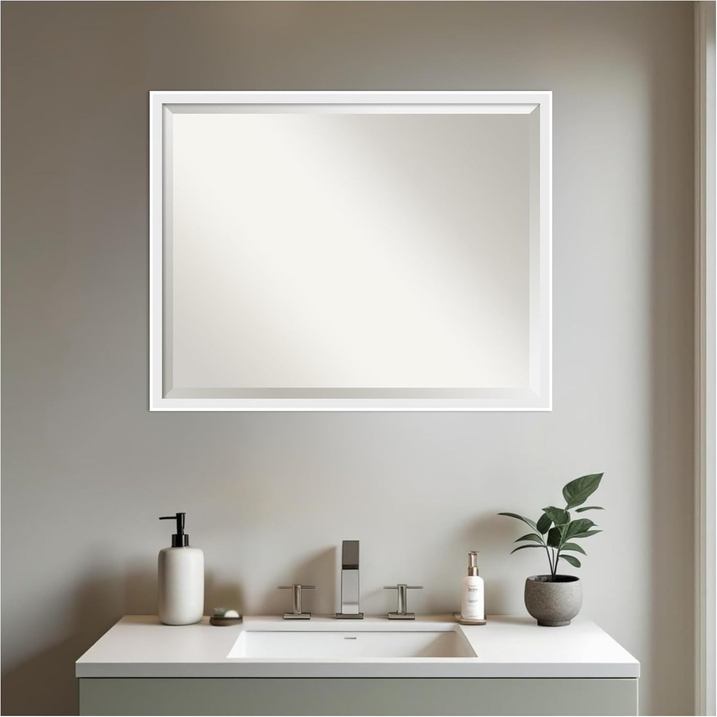 Amanti Art White Bathroom Mirror for Over Sink, 24x30 Incline White Rectangle Vanity Mirror, Large Modern Contemporary Wood Frame, Hangs Horizonally and Vertically, Bathroom Wall Decor, Beveled Edge