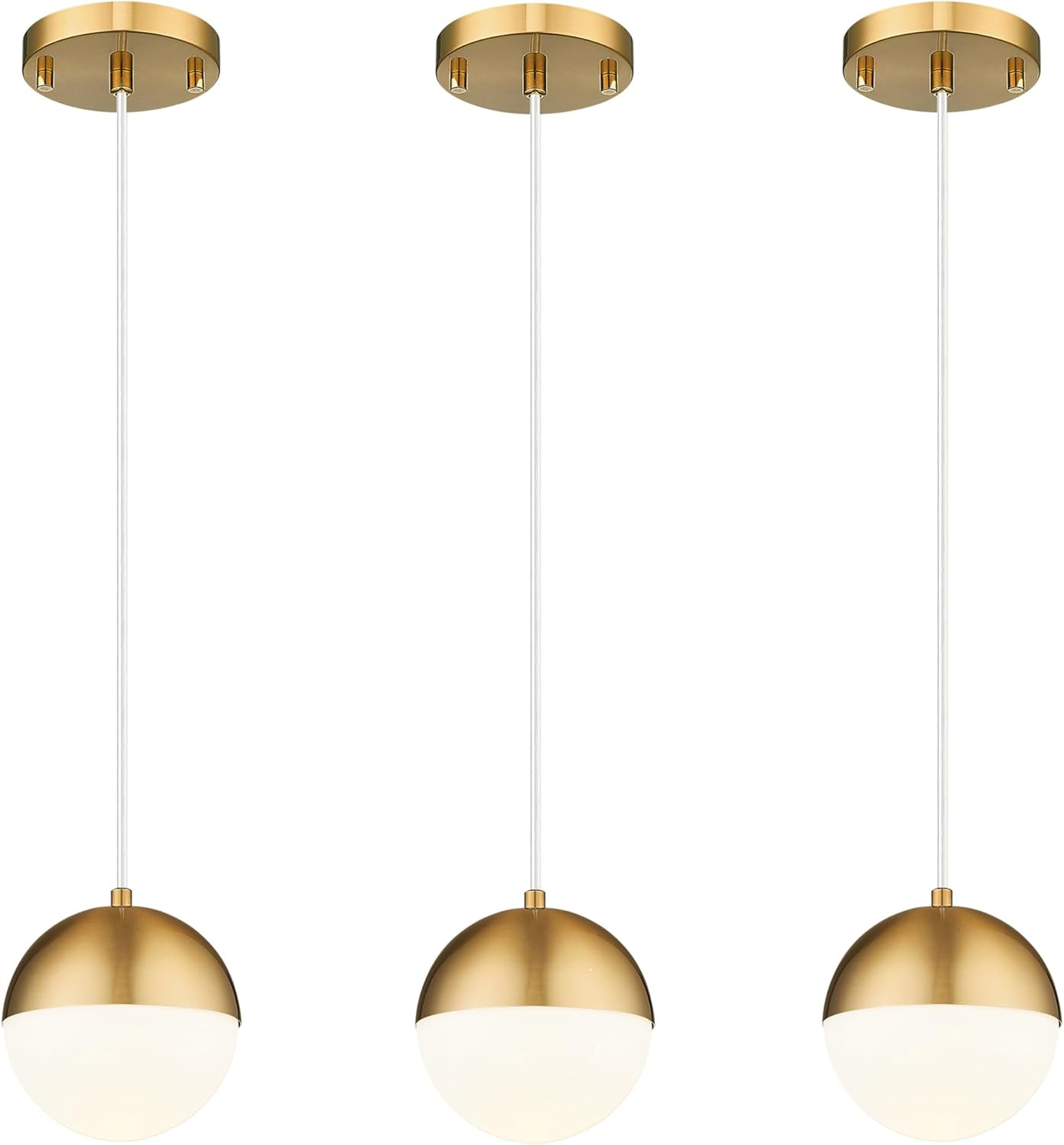 LMS Mid Century Pendant Lights, Brushed Gold Kitchen Island Light Fixtures with White Globe Glass Shade, Adjustable Hanging Cord, 3-Pack for Home Office Dining Room Bathroom, LMS-186PL-BGWS3PK
