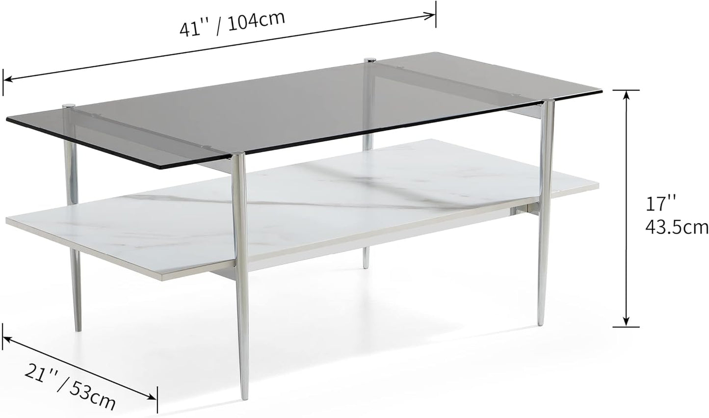AGV LIGHTING Tadio Glass Coffee Table, Mid-Century Modern Coffee Table for Living Room, Chrome Finish Leg, Gray Glass Top & Faux Marble Wood Shelf, 41 in