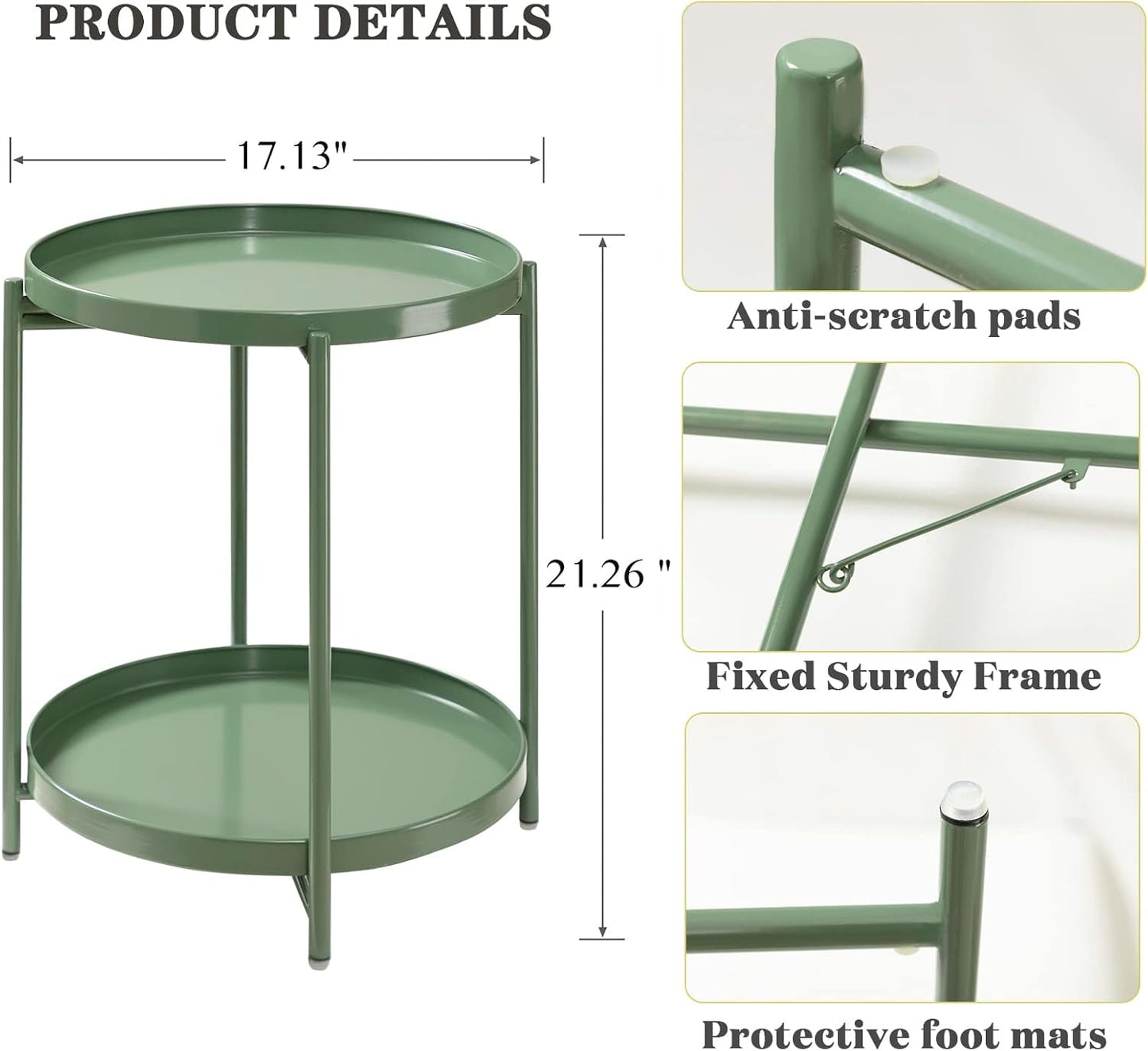 TeoKJ 2 Tier Green Side Table, Folding Round Metal End Table Small Nightstand with Two Removable Tray for Bedroom Living Room Bedside Small Spaces Dark Green