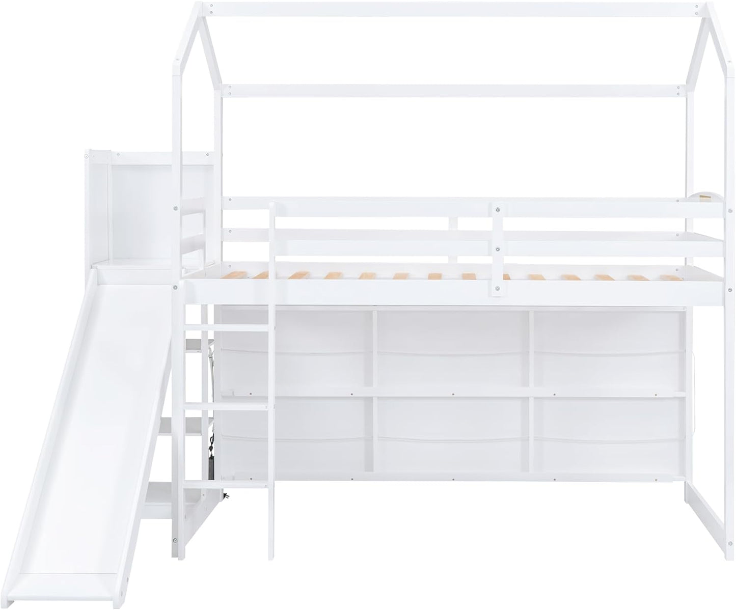 Twin Size House Loft Bed with Slide, Storage Shelves and Light, Wood Kids Bed Frame with Guardrail and Ladder,Climbing Ramp,for Teens Boys Girls Bedroom, White