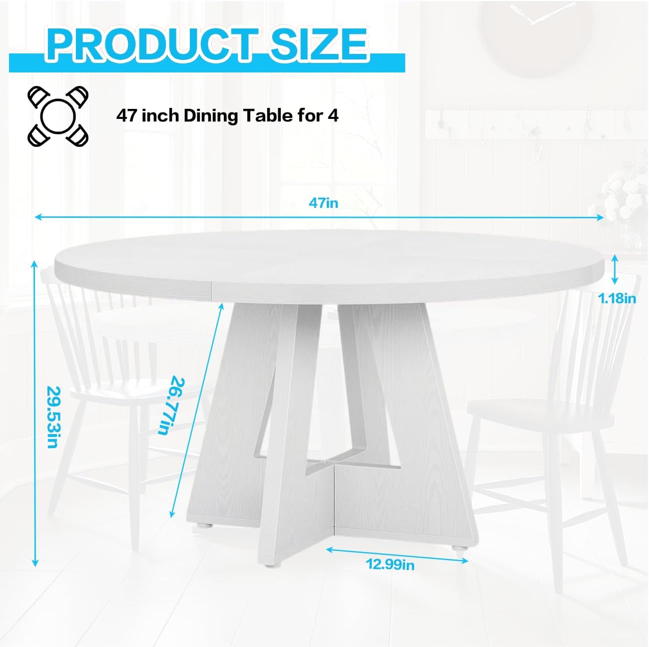 47" Round Dining Table for 4-6, Modern Small Dinner Table Farmhouse Round Kitchen Tables with Wooden Cross Base for Dining Room, Kitchen, Living Room, White
