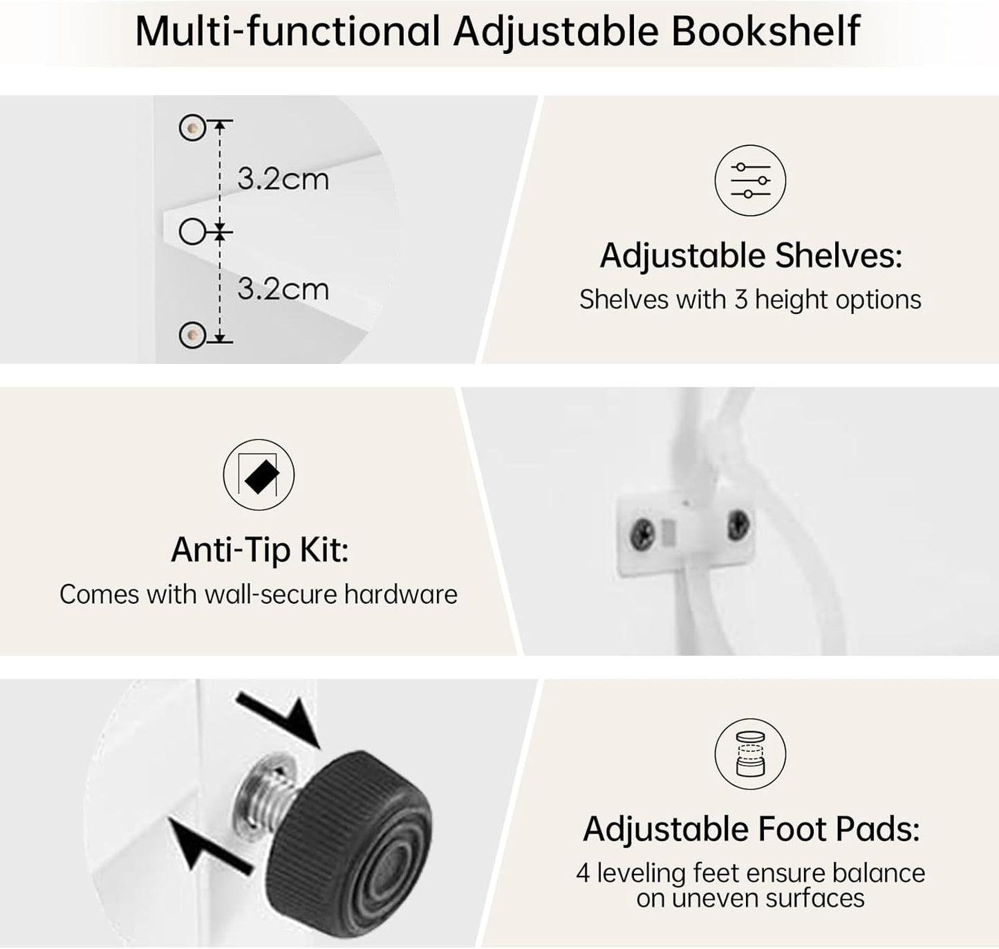 Wooden Bookshelf with Adjustable Shelves, 5 Tier Tall Bookcase for Living Room, Office or Small Spaces,Heavy Dute Bookshelves Storage Organizer, Manga Bookshelf for Collectors,60 Inch,White