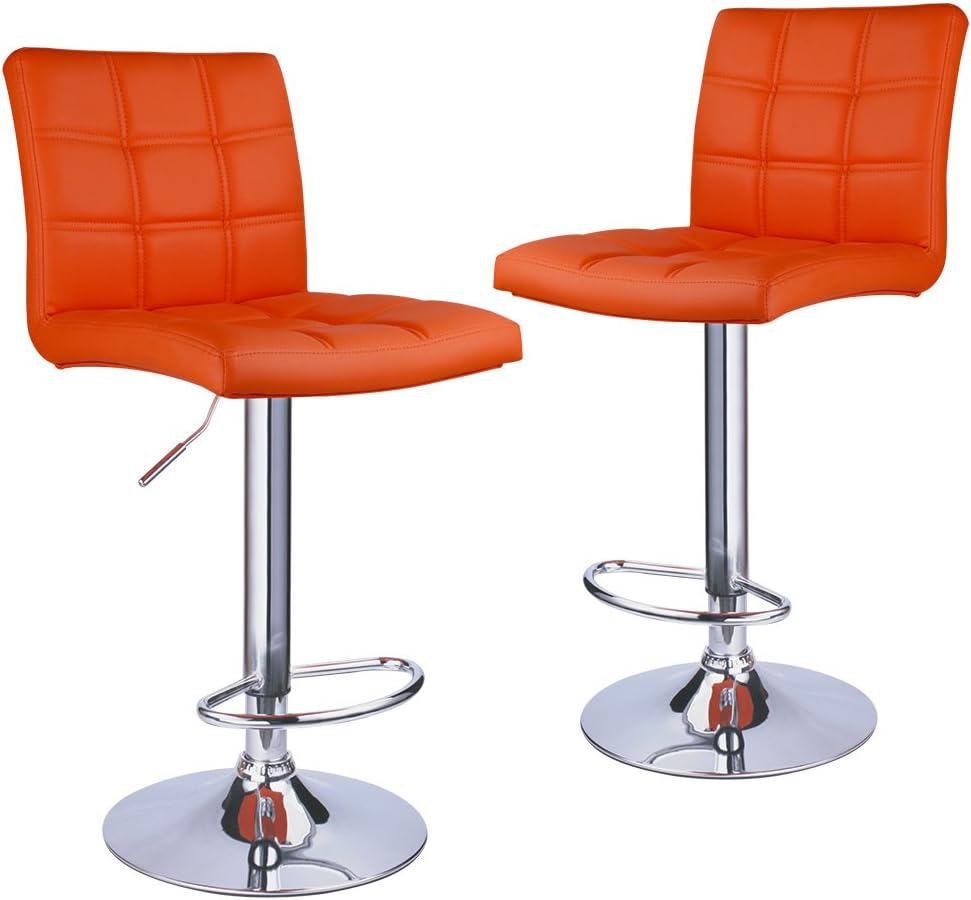 Modern Square PU Leather Adjustable Bar Stools with Back, Set of 2, Counter Height Swivel Stool by Leopard (Orange)