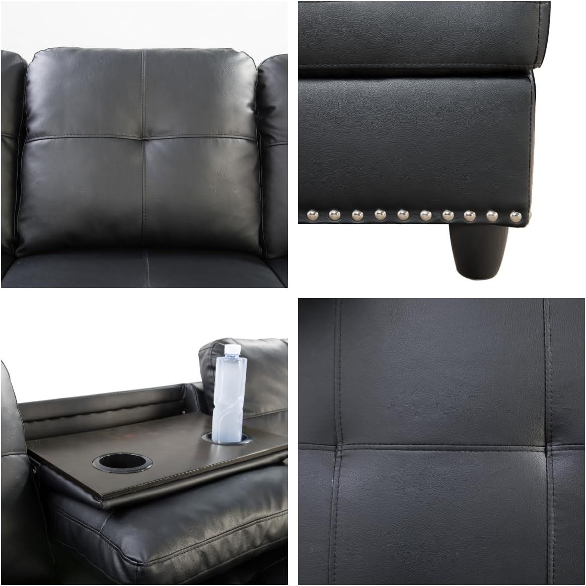L Shaped Sectional Sofa with Ottoman, Nail-Head Design Leather Right Facing Modern Couches with Cup Holder for Living Room, Bedroom, Office, Black Leather