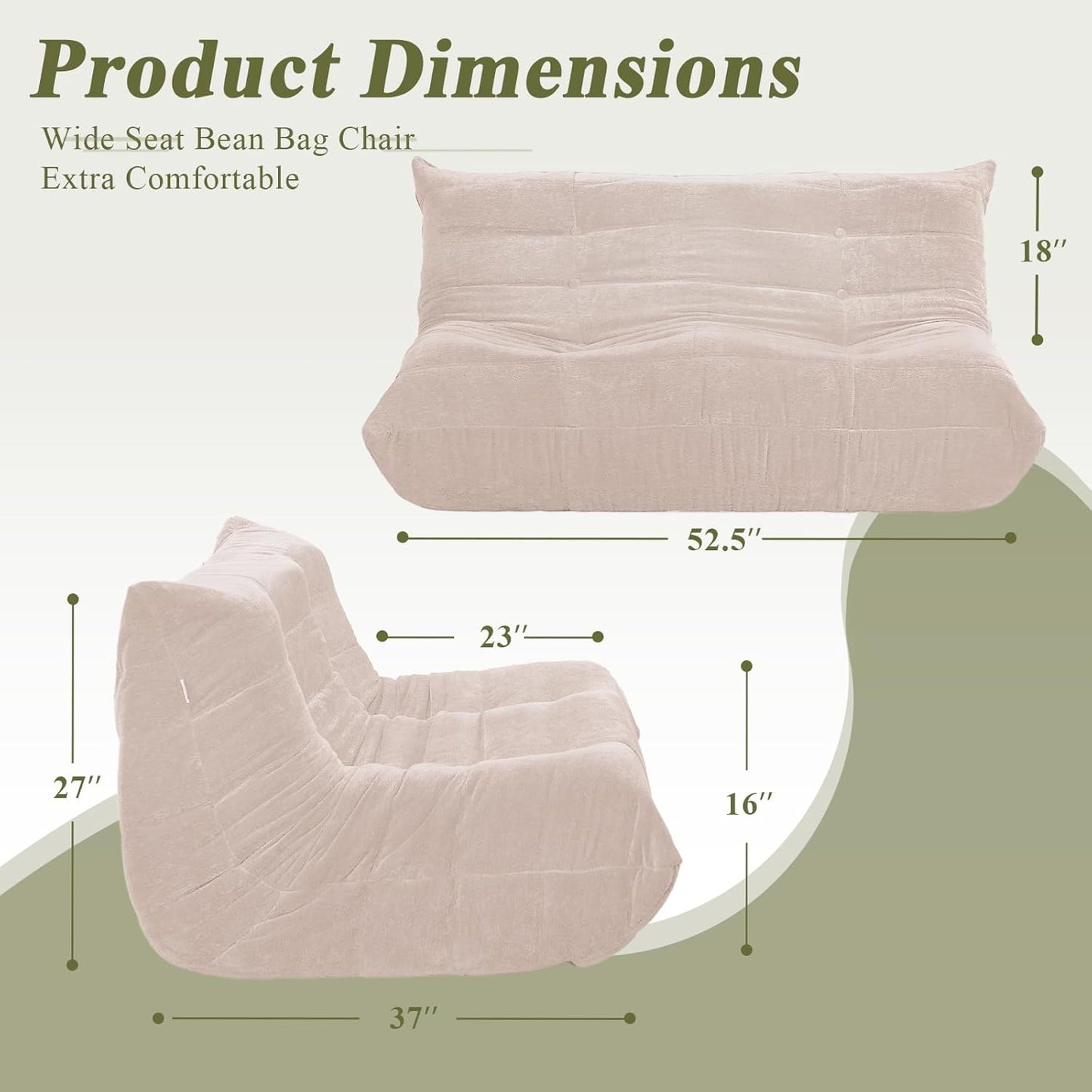 Bean Bag Chair, Loveseat Fireside Chair Large Bean Bag Sofa for Adults, Memory Foam Two Seater Couch Gaming Chairs with Comfy Design, Lazy Floor Sofa for Living Room, Bedroom, Beige