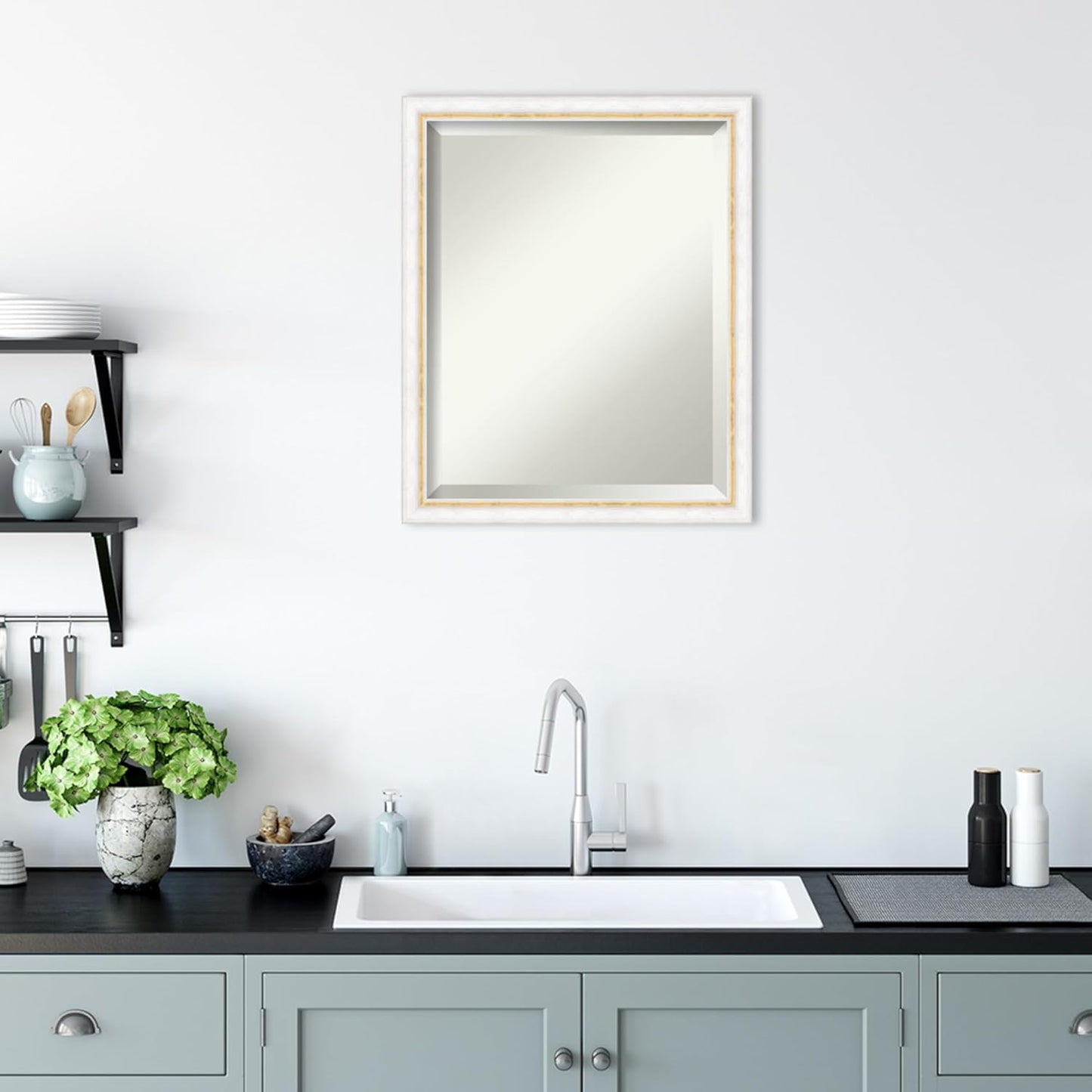 Amanti Art White Bathroom Mirror for Over Sink, 22x18 Morgan White Gold Rectangle Vanity Mirror, Small Modern Contemporary Wood Frame, Hangs Horizonally and Vertically, Bathroom Wall Decor, Beveled