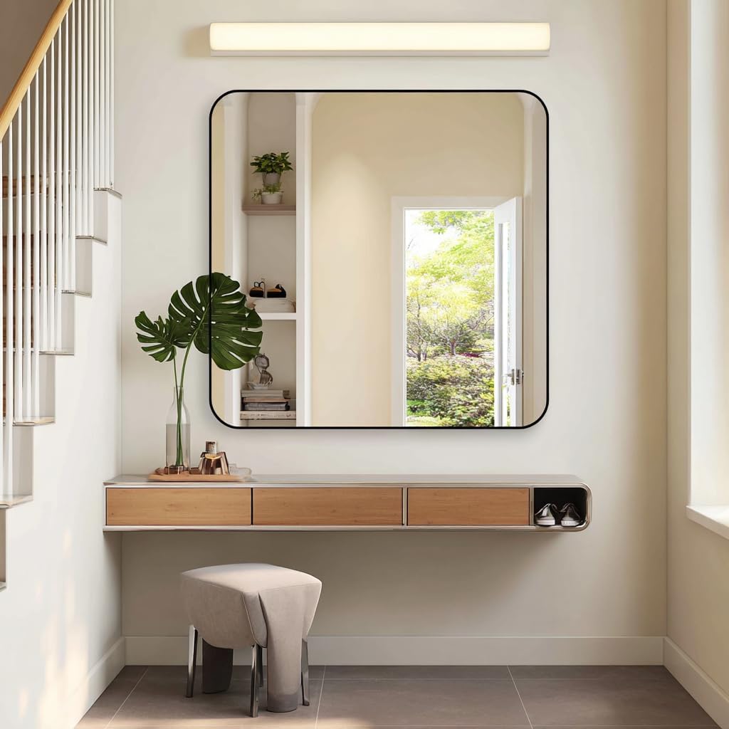 KOCUUY 42"x42" Large Square Vanity Mirror, Black Metal Frame Mirror with Rounded Corner, Modern Design of Upgraded Shatterproof Glass for Bathroom, Bedroom, Living Room, Entryway