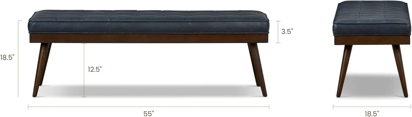 POLY & BARK 55" Tufted Leather Bed Bench for Bedroom End of Bed - Living Room Entry Way Bench - Pure Italian Leather Upholstery with a Solid Wood Frame - Ottoman Bench with Wooden Legs - Deepsky Blue