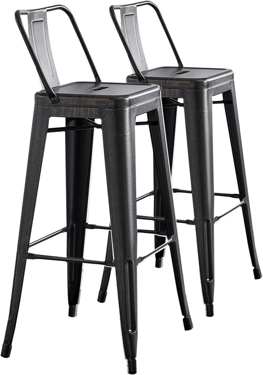 AC Pacific Modern 30” Metal Barstool Set of 2 – Country Rustic Style with Low Back, Lightweight & Sturdy Build, Easy Assembly, Distressed Black