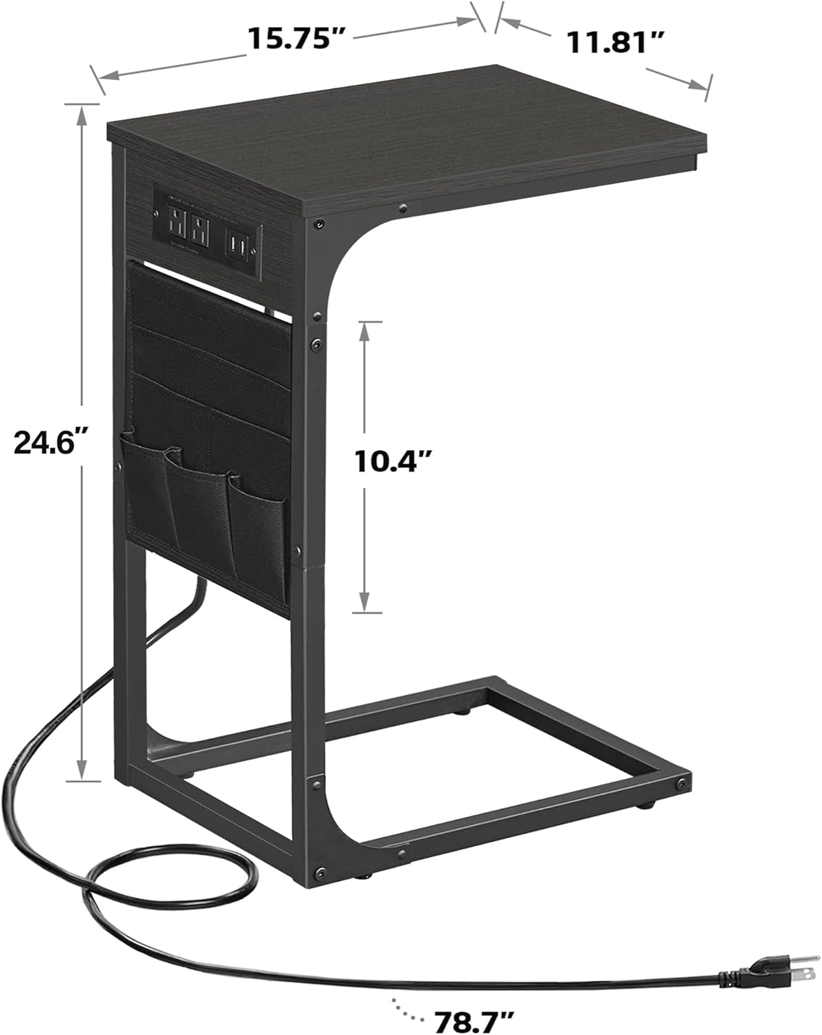 TUTOTAK C Shaped End Table with Charging Station, Side Table for Sofa, Couch Table with Storage Bag, Set of 2, TV Tray Table with 2 USB Ports and Outlets for Living Room, Bedroom, Black TB01BK0242
