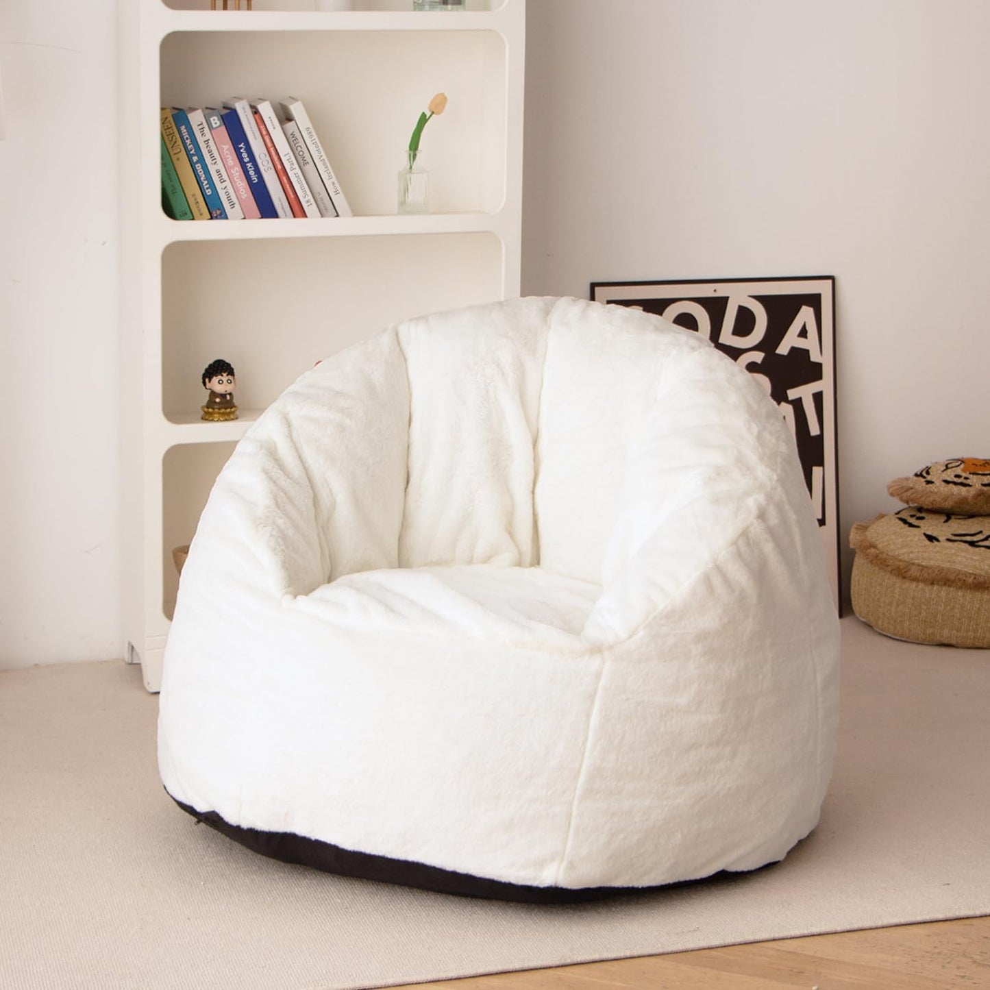 N&V Large Shell Bean Bag Chair, Adult Size Bean Bag Sack, Foam Filling, Includes Removable and Machine Washable Cover, 40in, Soft Faux Fur, White