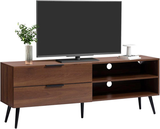 HollyHOME Wood TV Stand for TVs up to 65", Mid Century TV Stand with Storage, Modern Entertainment Center with 2 Drawers, Accent TV Media Console Table for Living Room, 53"(L), Retro Brown