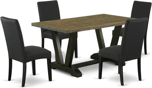 East West Furniture V676DR124-5 5 Piece Dinette Set for 4 Includes a Rectangle Dining Table with V-Legs and 4 Black Color Linen Fabric Parson Dining Room Chairs, 36x60 Inch, Multi-Color