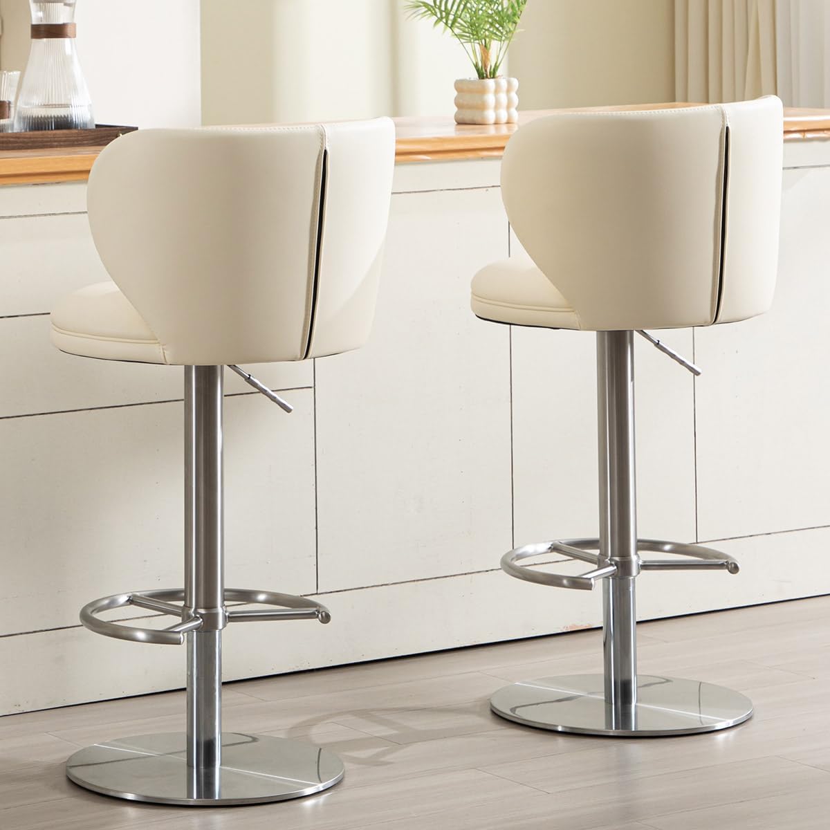 Black Titanium Stainless Steel Bar Stools,Grade Modern Leather Bar Chair with Backrest,Swivel Adjustable Height for Kitchen Counter and Dining Room (White Leather-2pcs)