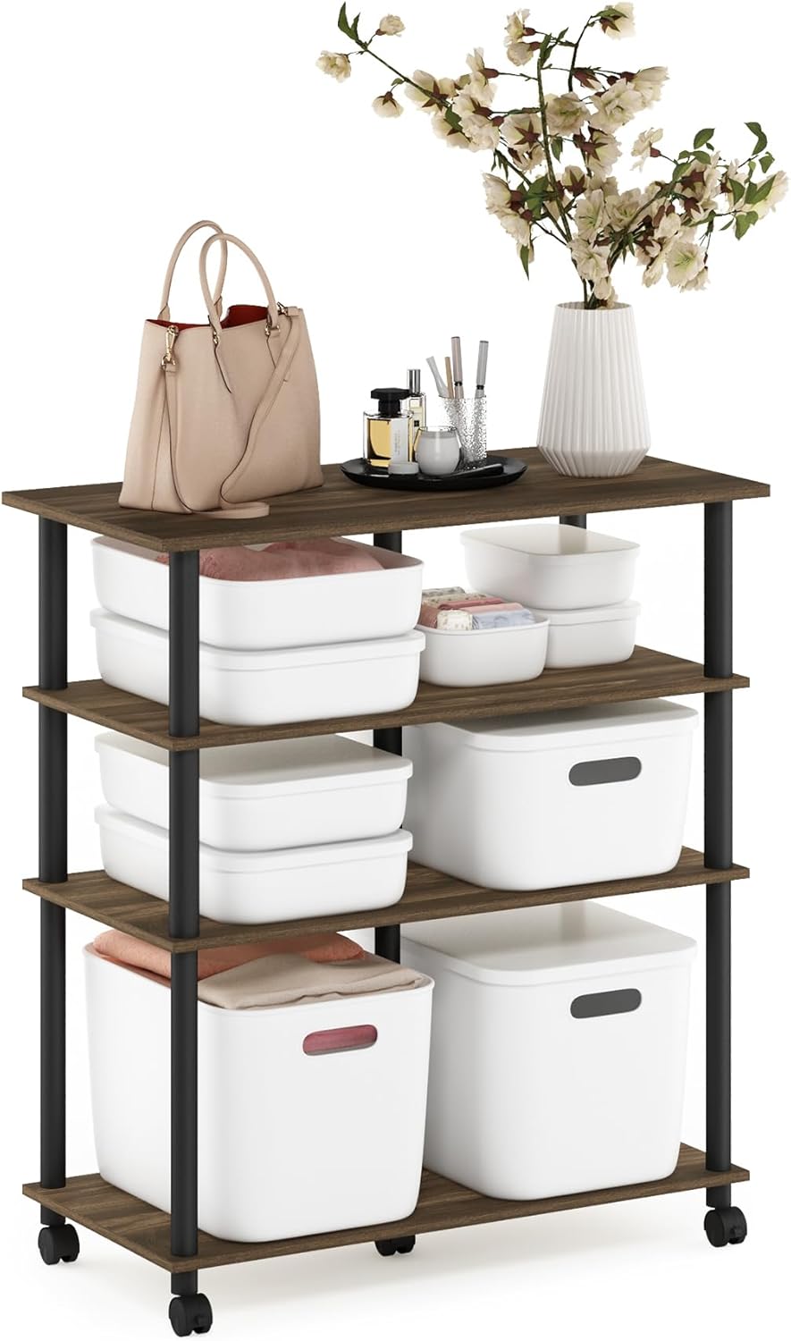 Furinno Helena 4-Tier Multifunction Rolling Open Shelves Storage Cart Organizer, Columbia Walnut/Black