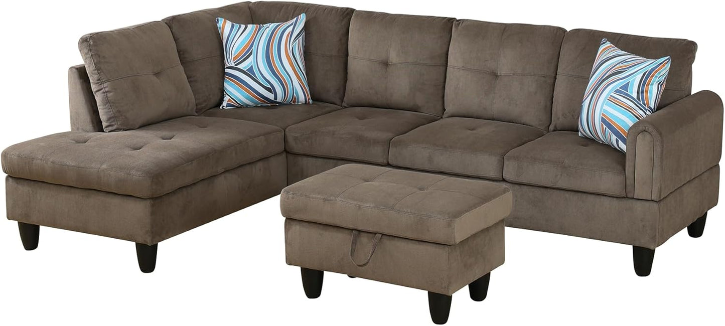 L Shaped Couch Modern Sectional Couch Upholstered Velvet Fabric 3 Pieces Sofas for Living Room with Chaise, Storage Ottoman for Office and Small Apartment, Brown Pineapple