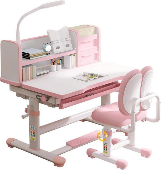 Kids Study Desk and Chair Set 3-18 Years Kids Desk and Chair Set Ergonomic Height Adjustable Children School Study Desk with Tilt Desktop, Drawer Boy and Girl Table and Chair Set