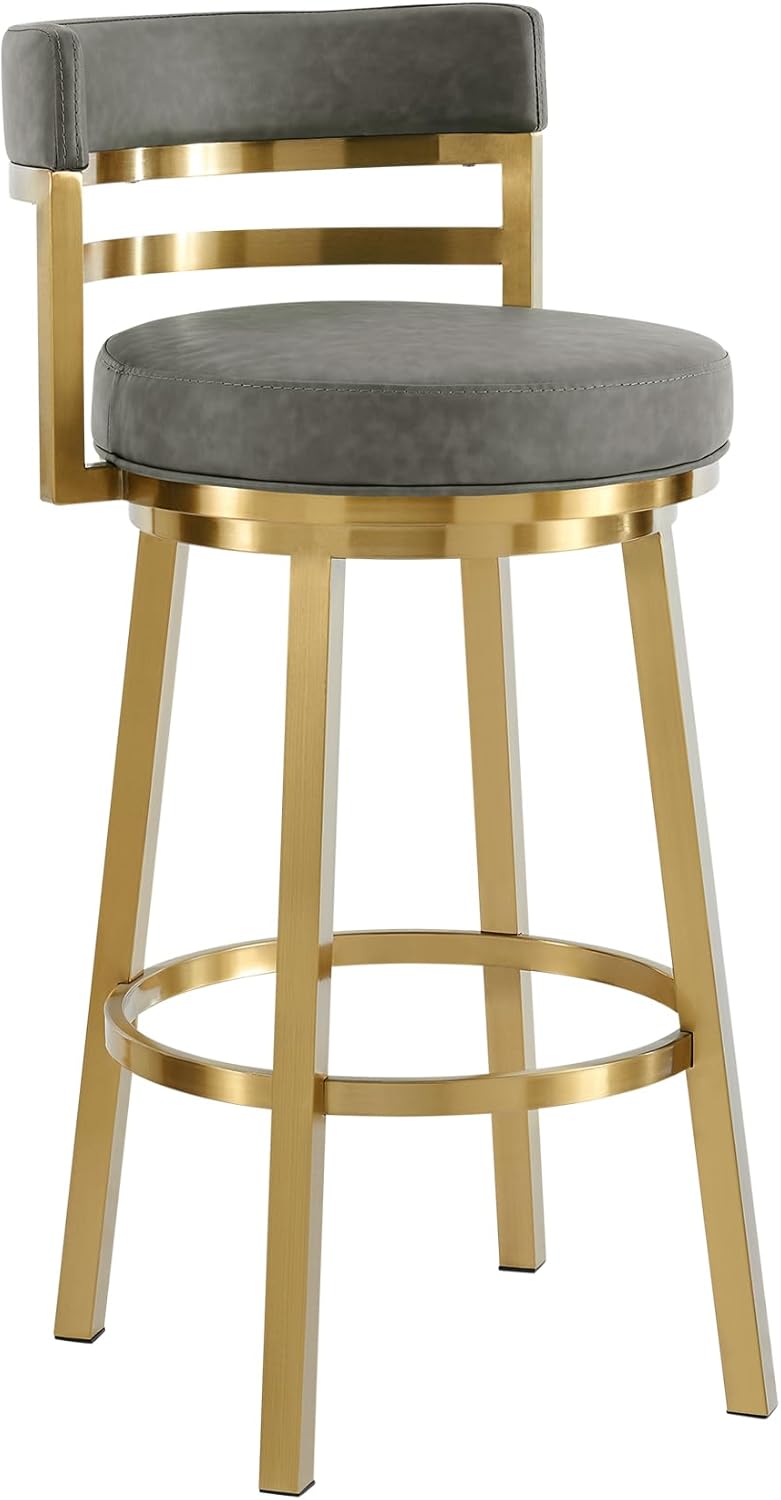 Armen Living Madrid 30" Seat Height Swivel Modern Vintage Gray Faux Leather and Gold Brushed Stainless Steel Bar Stool for Kitchen Island Counter