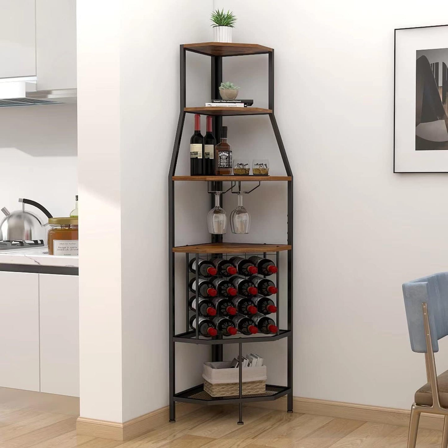 5-Tier Corner Wine Rack Floorstanding with Glass Holder and Bottles Wine Storage Home Bar Furniture for Home Kitchen Dining Room Industrial Metal and Wooden Corner Shelf