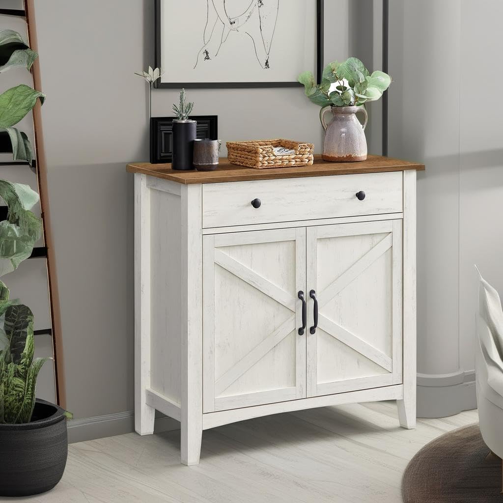 VASAGLE LIRY Collection - Buffet Cabinet, Coffee Bar Cabinet with a Drawer, Adjustable Shelf, Sideboard Storage with Cable Hole, Drawer Divider, Rustic White and Honey Brown UBBK341W01