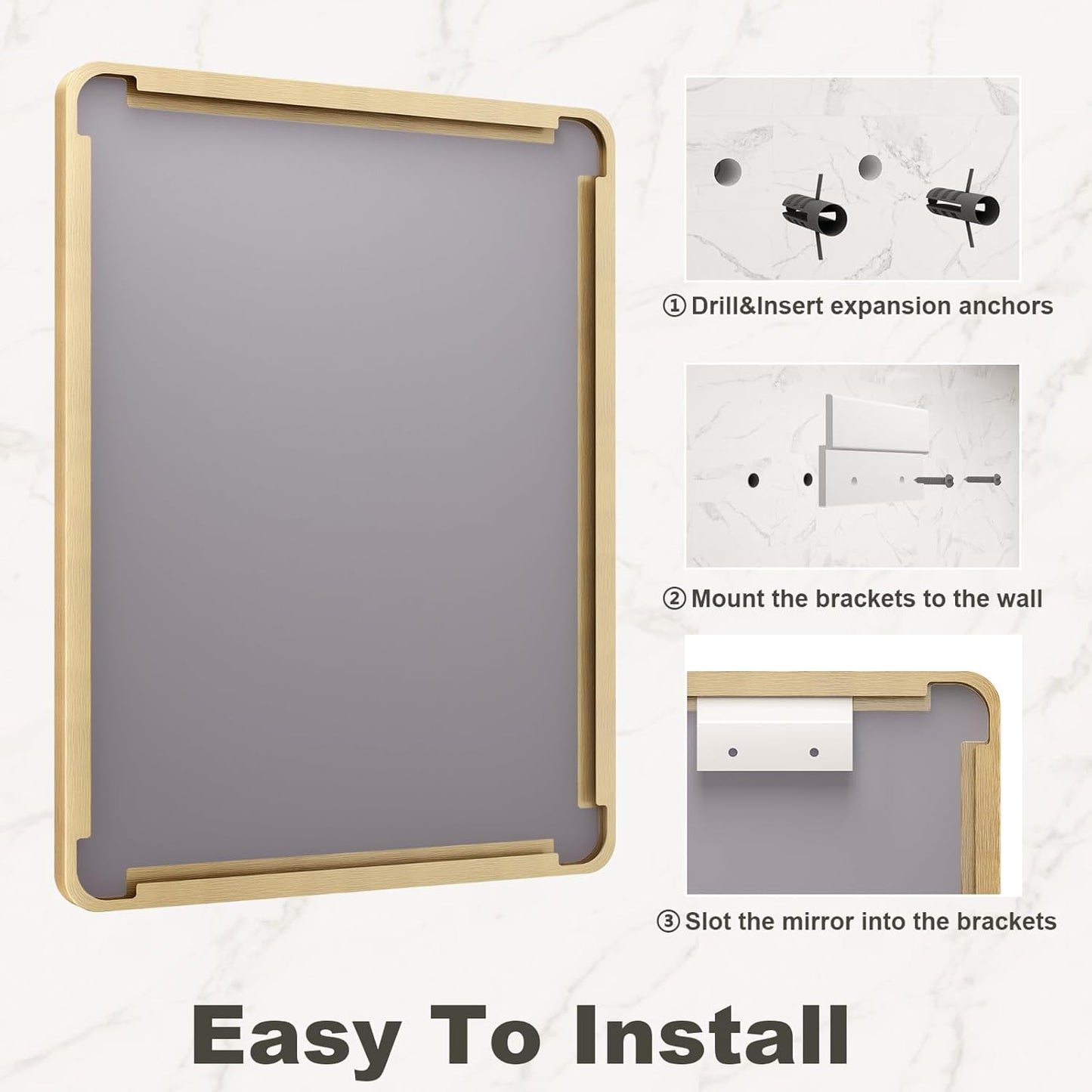 60x36 Inch Gold Framed Bathroom Mirror, Rectangle Brushed Gold Metal Vanity Mirror, Gold Rectangle Mirror for Wall, Rounded Corner, Tempered Glass, Anti-Rust, Shatterproof (Horizontal/Vertical)