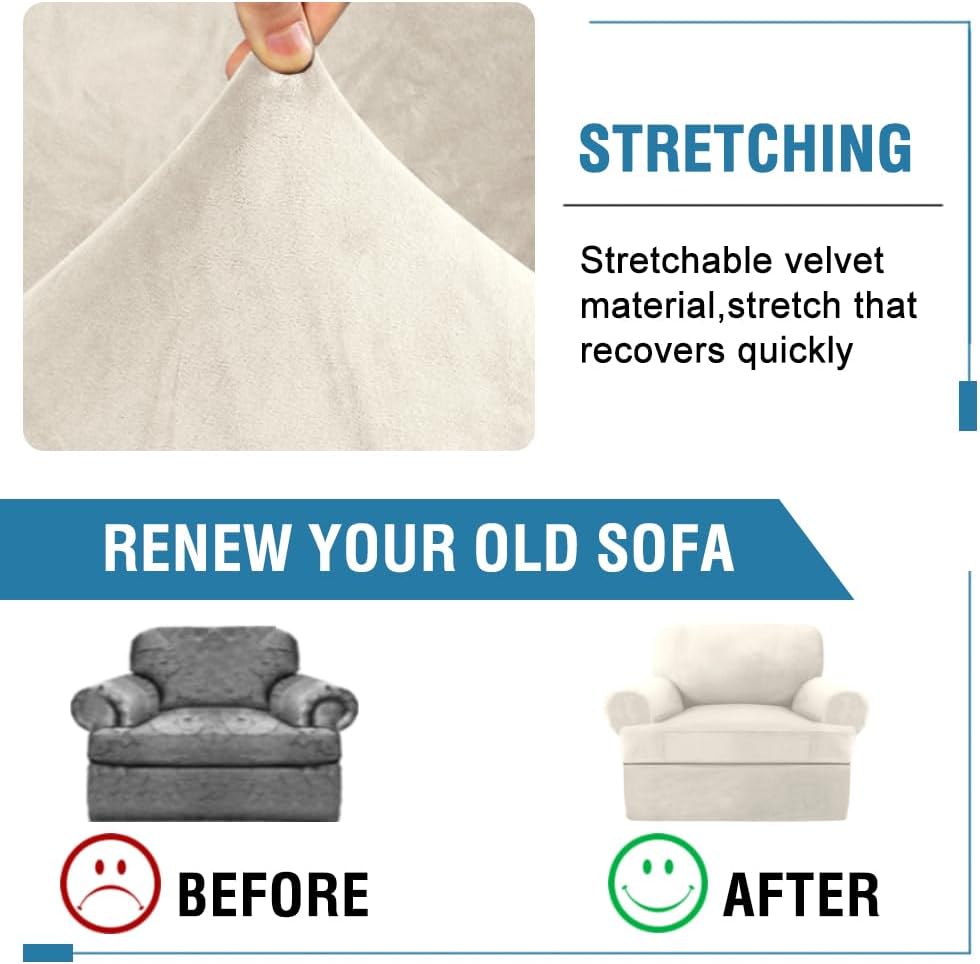 H.VERSAILTEX Sofa Cover 2 Piece T Cushion Armchair Slipcovers Thick Velvet Couch Cover Furniture Protector Stretch T Cushion Sofa Covers for 1 Cushion Couch with 1 Individual T Cushion Covers, Ivory