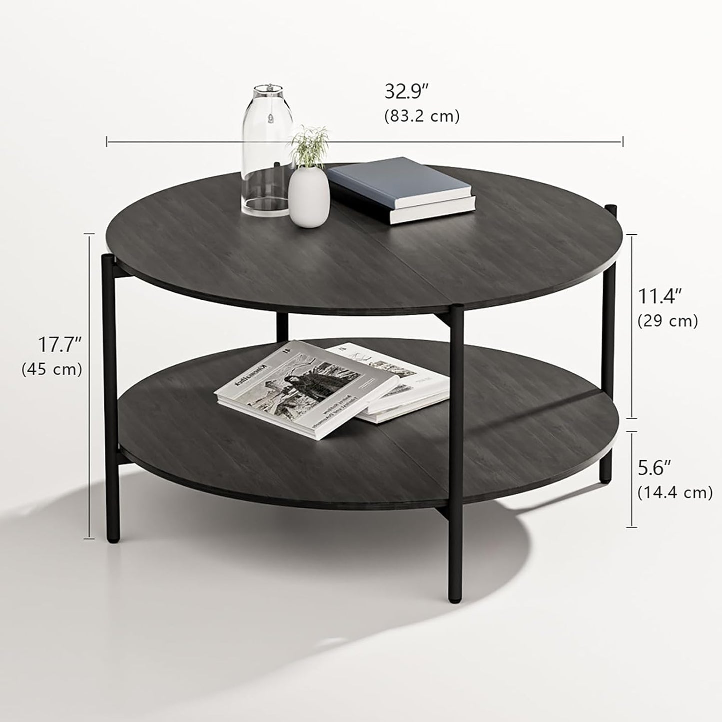 Round Coffee Table, 2-Tier 32.9" Circle Coffee Tables with Storage Wood Rustic Farmhouse Center Circular Coffee Table for Living Room Bedroom Balcony Office - Grey