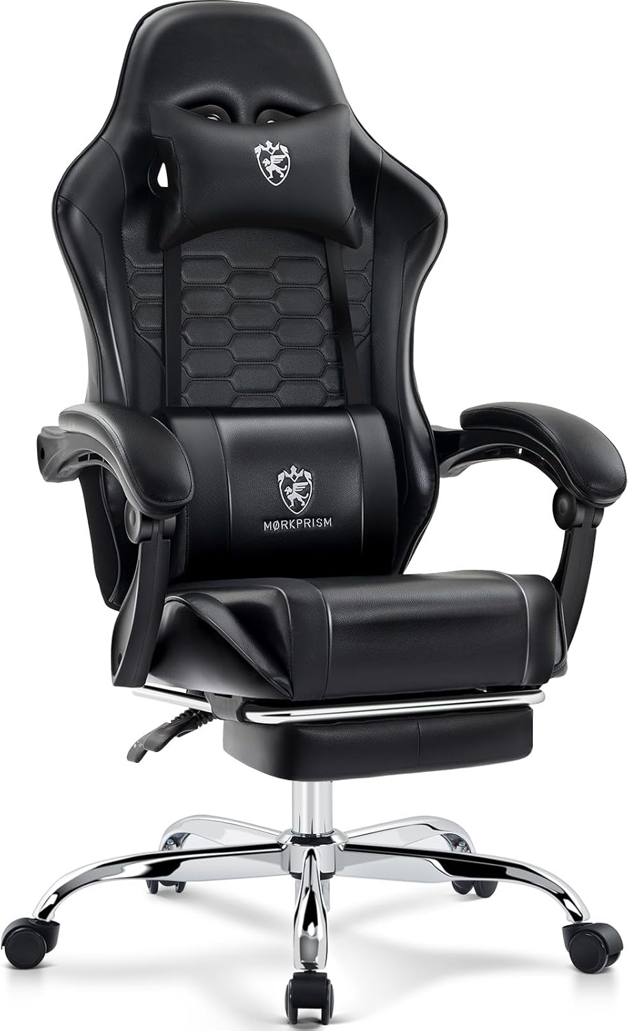 Gaming Chair,Computer Office Chair with Footrest,Massage Lumbar Support and Gel Pad,Ergonomic Reclining Adjustable Leather Gamer Chair with Headrest and Spring Cushion Black
