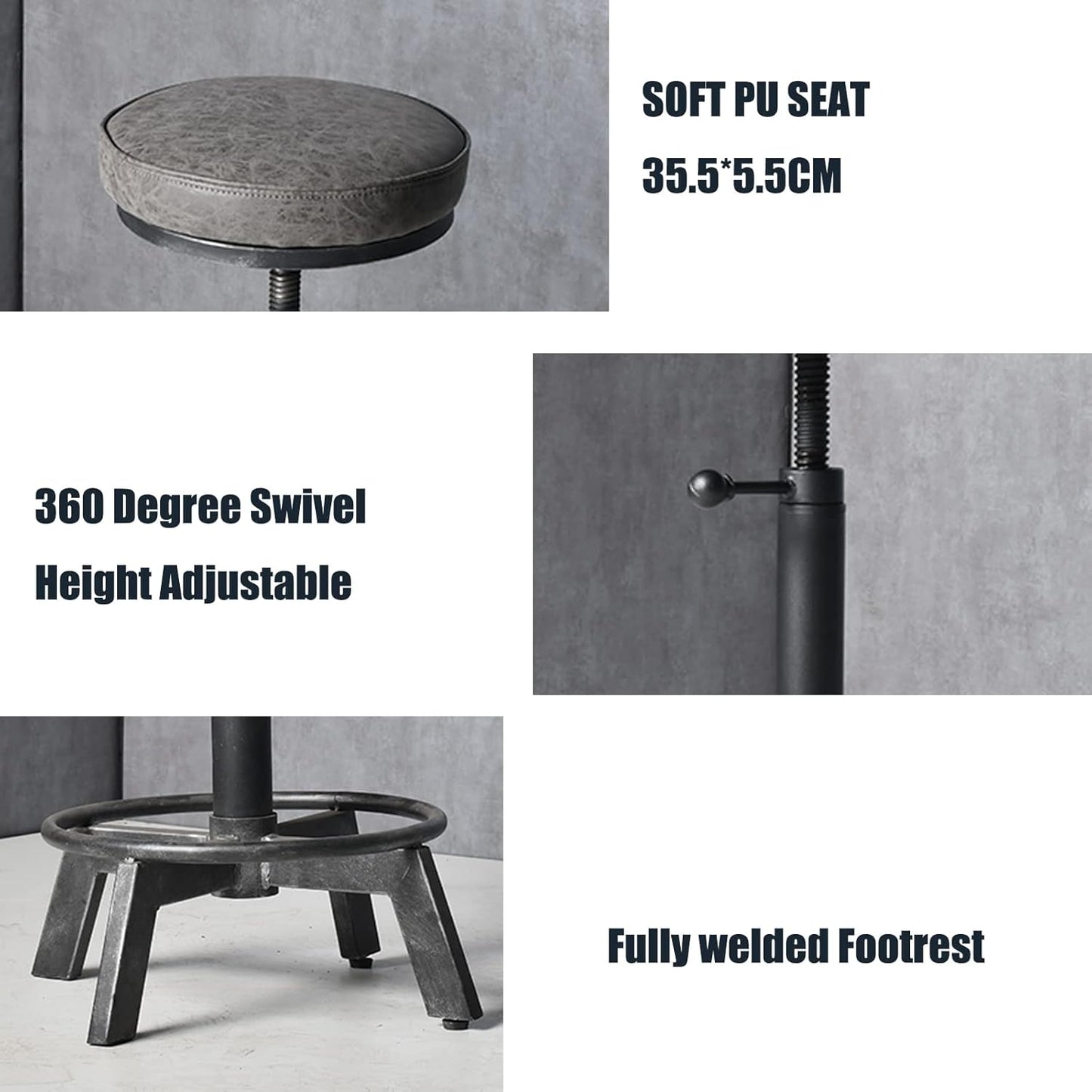 Rusitc Swivel PU Seat Bar Stools Industrial 24-28inch Height Adjustable Counter Island Stool Office Guest Chair