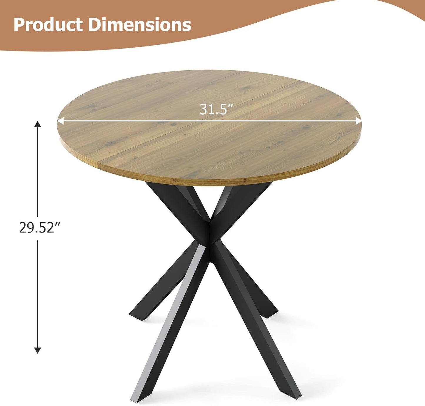 Round Dining Table, 31.5" Small Dining Table for 2-4, Round Kitchen Table with Metal Black Legs, Modern Round Dining Room Table for Kitchen, Apartment, Living Room, Brown