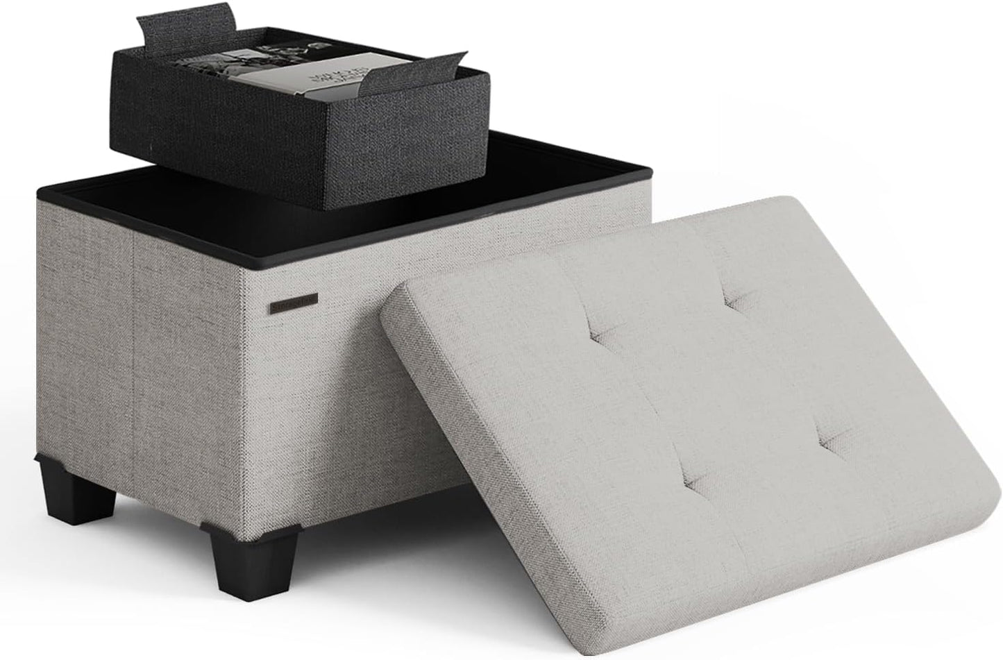 STORAGEBUD Storage Ottoman Cube with Small Bin, 16-in Square Ottoman with Storage for Living Room and Bedroom, Small Ottomans Foot Rest, Fabric Foot Stools Ottomans Max 330lbs, Light Grey