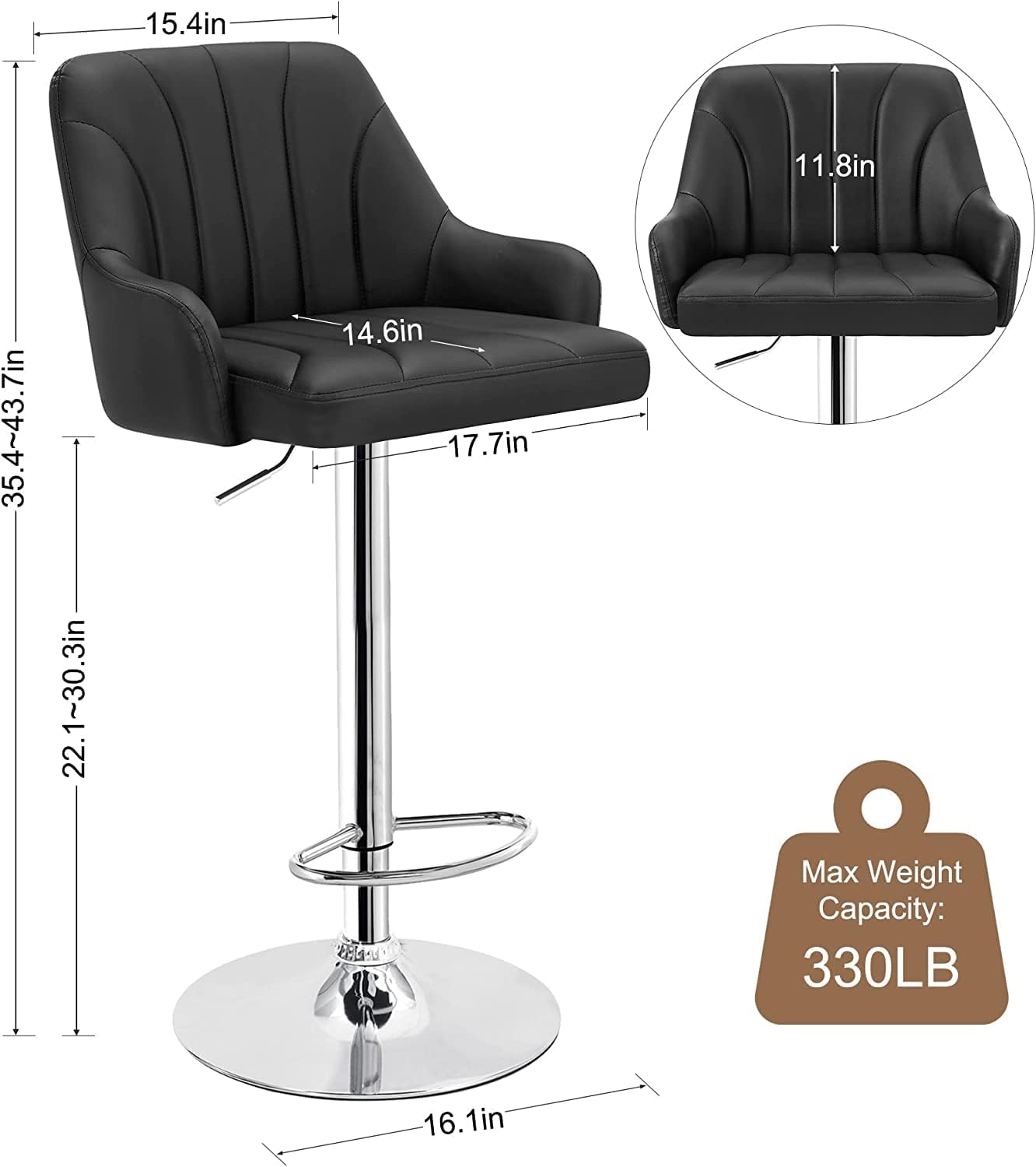 VECELO Barstools Set of 4, Counter Height Bar Stools Adjustable Stools with Back and Arm, Kitchen Island Stools Swivel Bar Chairs for Pub Dinning Room, Black