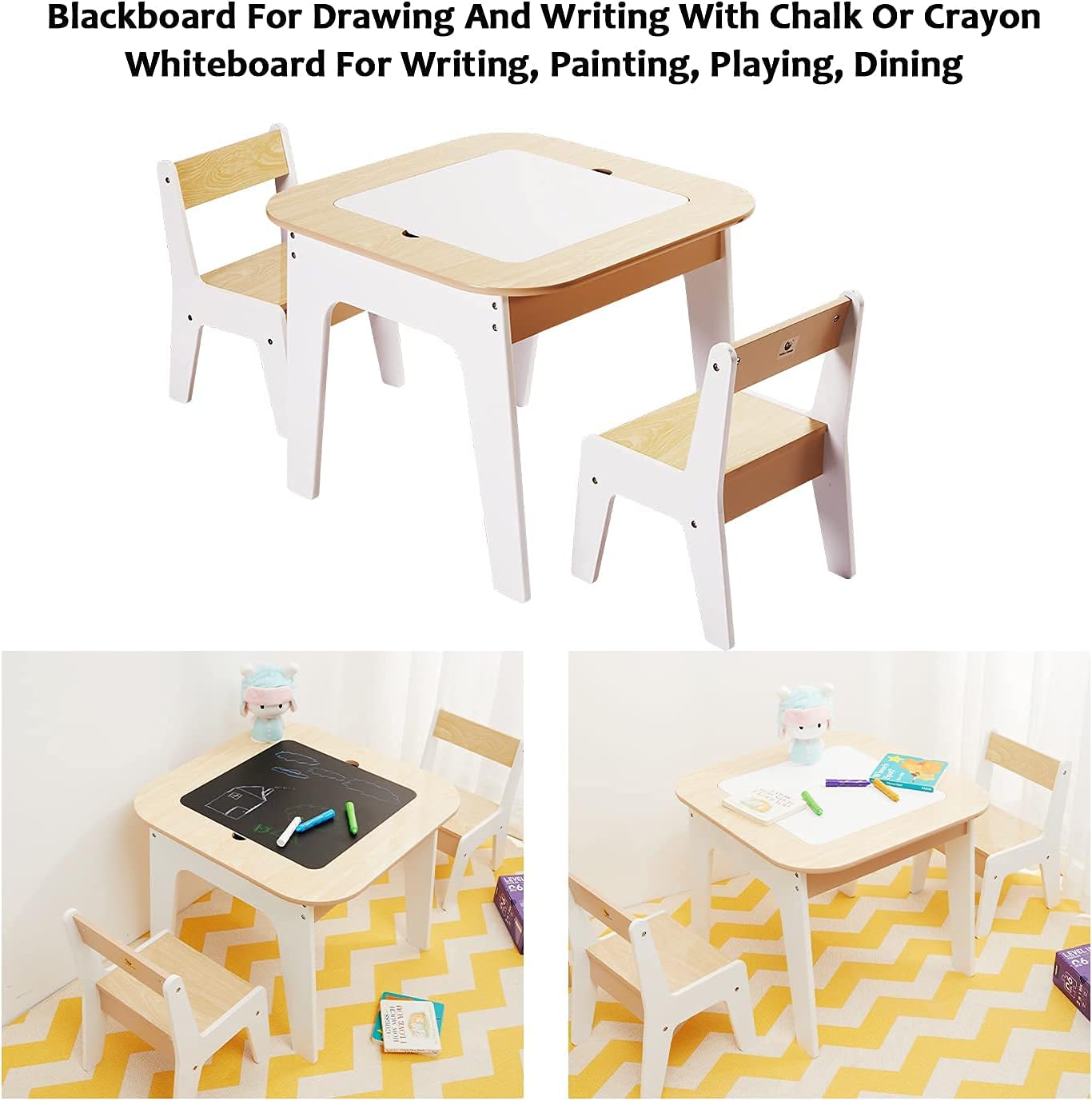 Toffy & Friends Wooden Storage Table and Chairs Set, White, 3-Piece Set, Ideal for Children's Learning, Activity Table or Dining