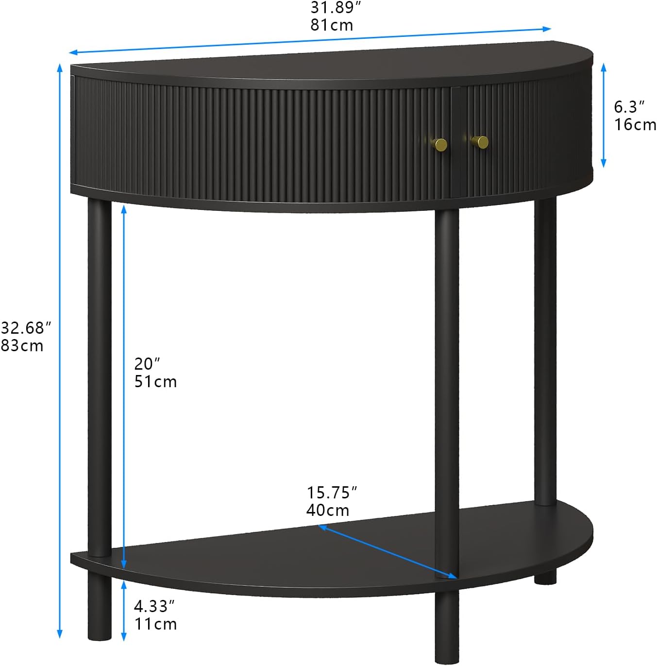 Fluted Half Moon Console Table 2 Tier Narrow Entryway Table with Storage for Small Space Modern Wood Sofa Table with Doors and Gold Knobs Boho Home Decor