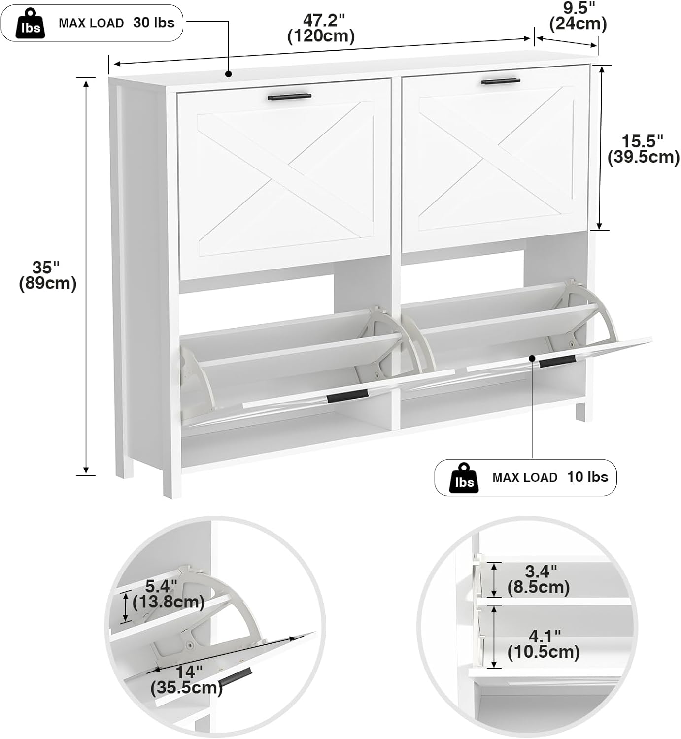 47" W Large Shoe Storage Cabinet with 4 Flip Drawers, Freestanding Hidden Shoe Cabinet Organizer with Adjustable Shelf, Narrow Shoe Cabinet for Entryway Hallway Living Room