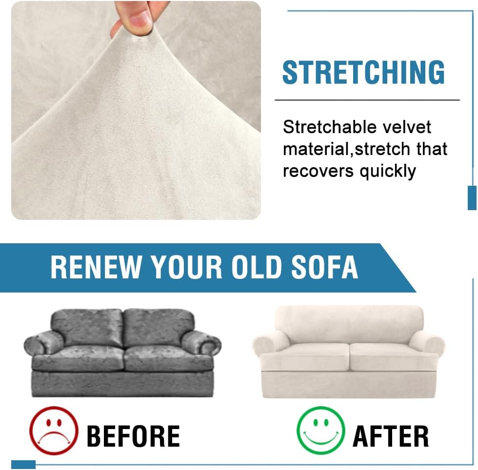 H.VERSAILTEX Sofa Cover 3 Piece T Cushion Sofa Slipcovers Thick Velvet Couch Cover Furniture Protector Stretch Sofa Covers for 2 Cushion Couch with 2 Individual T Cushion Covers Washable, Ivory