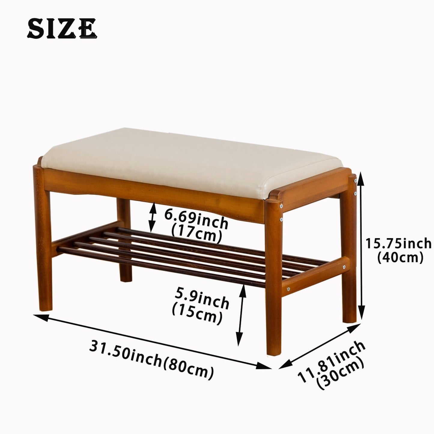 latifolia Small Shoe Bench, Solid Wood Bench with Cushion, 2 Tier Shoe Storage Organizer for Entryway(Walnut,31.50''L)