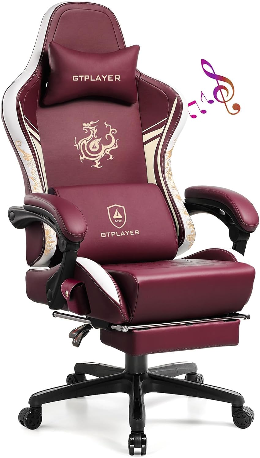GTPLAYER Gaming Chair with Bluetooth Speakers and Footrest, Dragon Series Video Game Chair, Heavy Duty, Ergonomic, Esports Computer Office Chair, (RED)