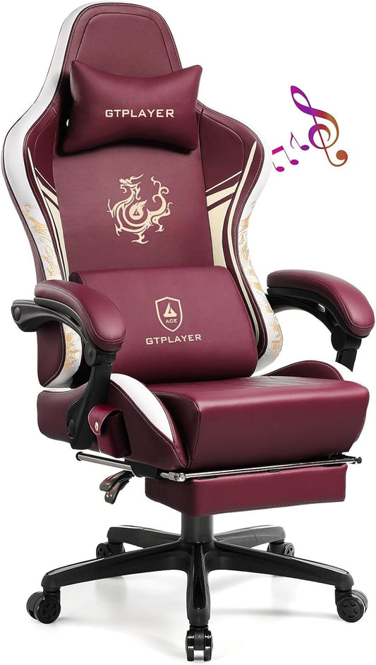 GTPLAYER Gaming Chair with Bluetooth Speakers and Footrest, Dragon Series Video Game Chair, Heavy Duty, Ergonomic, Esports Computer Office Chair, (RED)