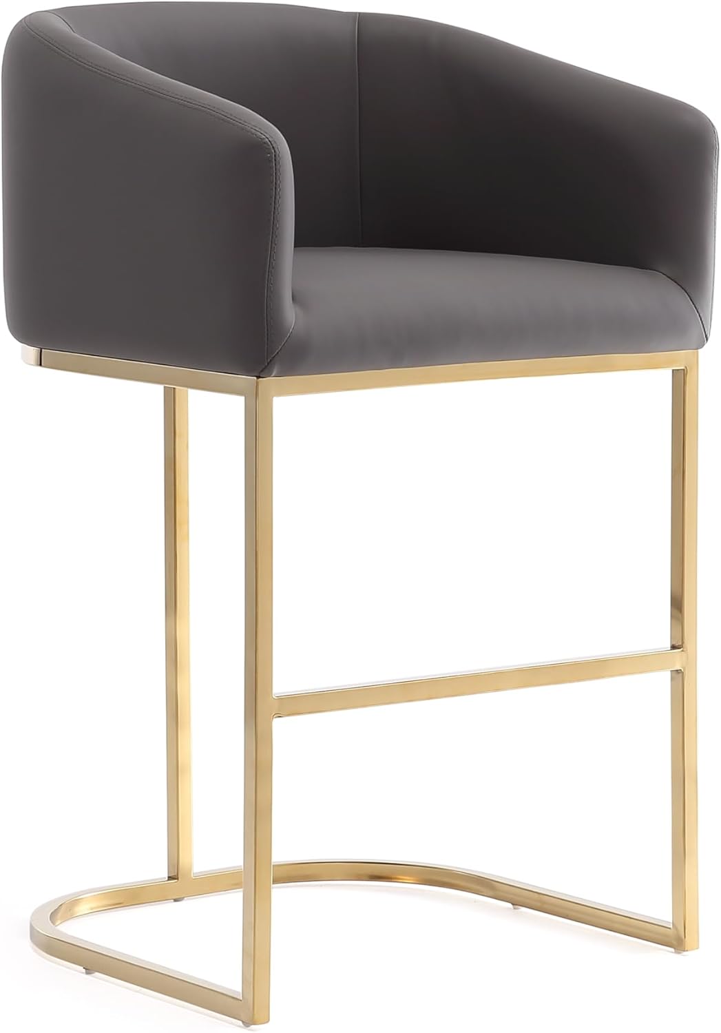 Manhattan Comfort Louvre 26 Inch Mid Century Modern Counter Height Bar Stools - Elegant Faux Leather Padded Seat, Stainless Steel Base with Footrest, Fully Assembled Barstools, Set of 1, Grey