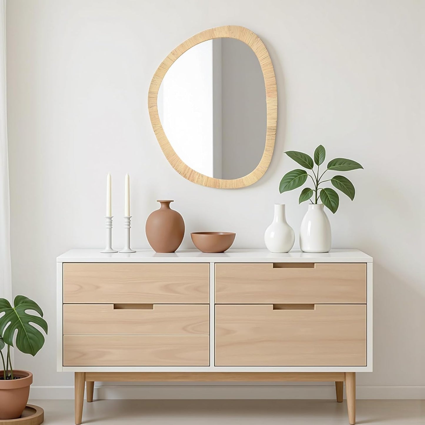 H HOMEWINS Rattan Mirror for Wall,31.5'' x 25.2" Wooden Framed Farmhouse Boho Wicker Coastal Irregular Vanity Mirror for Bathroom Living Room Entryway